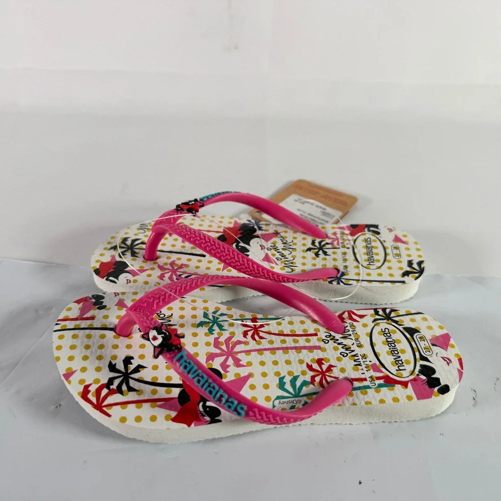 NWT Havaianas Disney Minnie Mouse Flip Flops Kids Girls 11/12C White Pink Flux